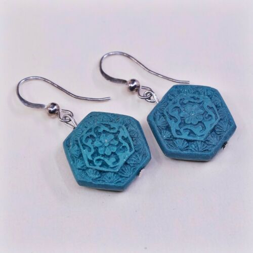 Vintage handmade Sterling 925 Silver Turquoise Colored Engraved Wood Earrings