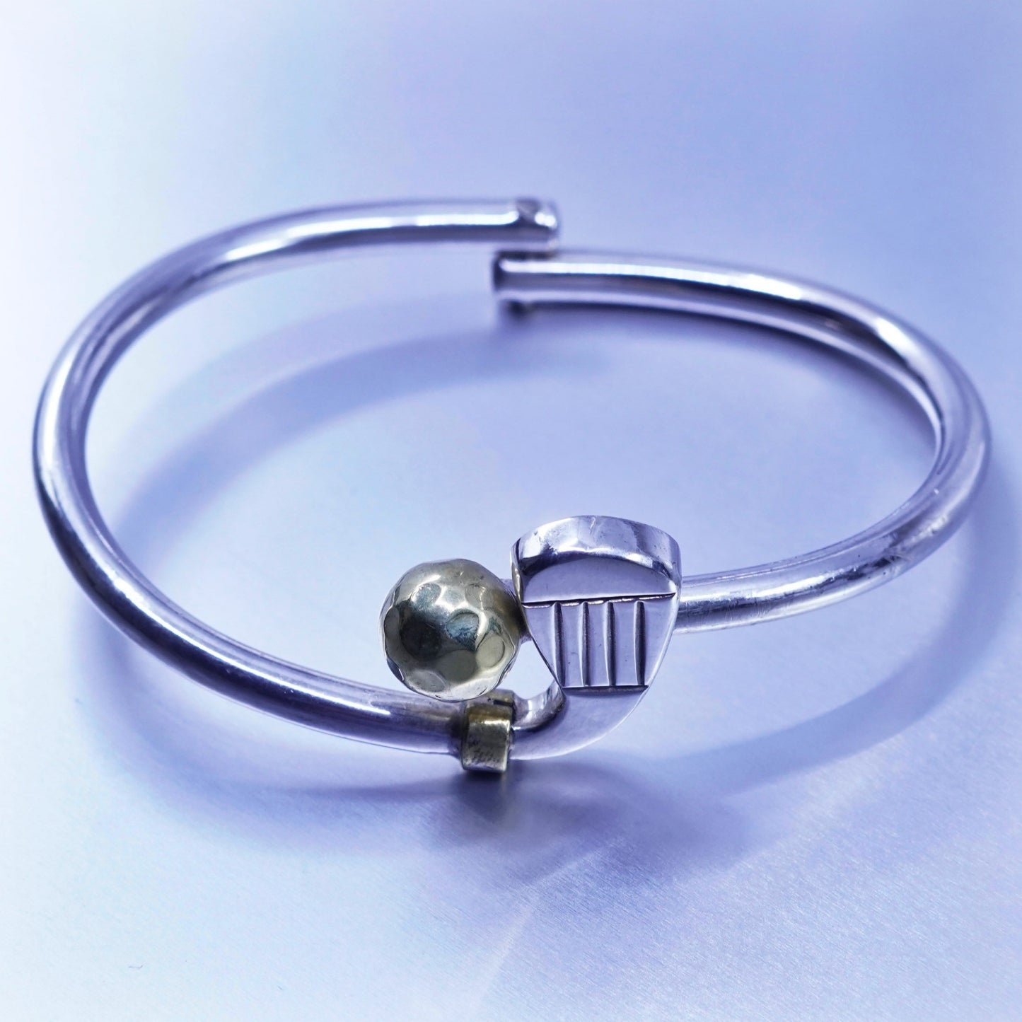 7”, Mexico two tone Sterling 925 silver handmade golf bracelet, hinged bangle