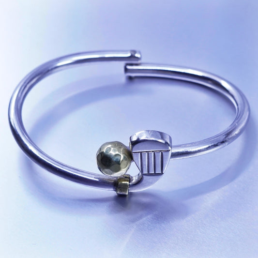 7”, Mexico two tone Sterling 925 silver handmade golf bracelet, hinged bangle