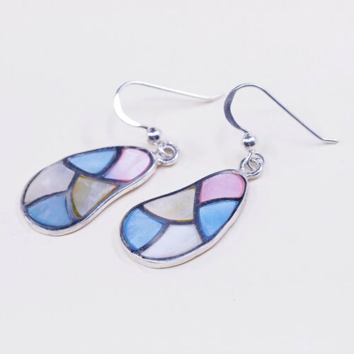 STERLING 925 SILVER Handmade Earrings W/ Blue N Pink Bean MOTHER OF PEARL