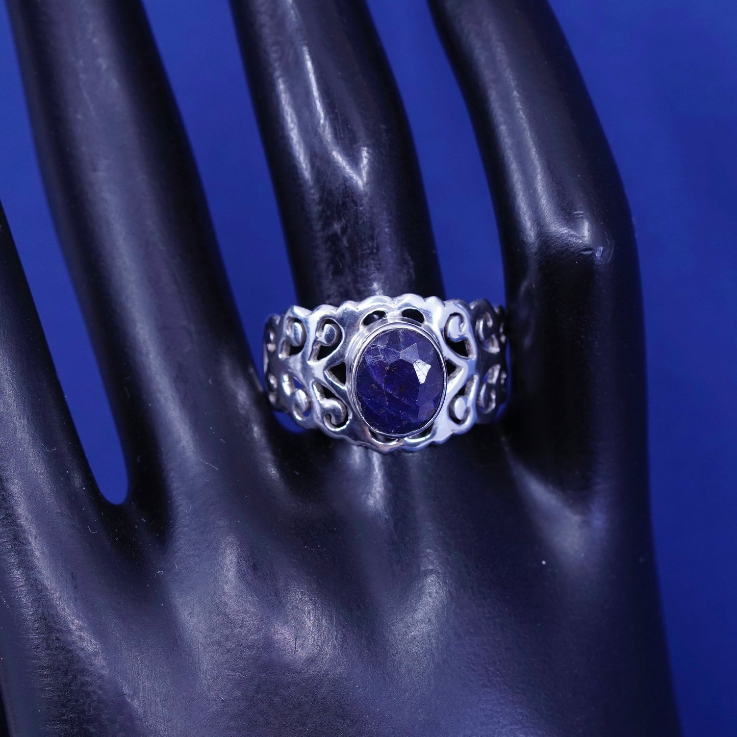 Size 10.25 Vintage sterling silver handmade filigree ring with Lapis lazuli