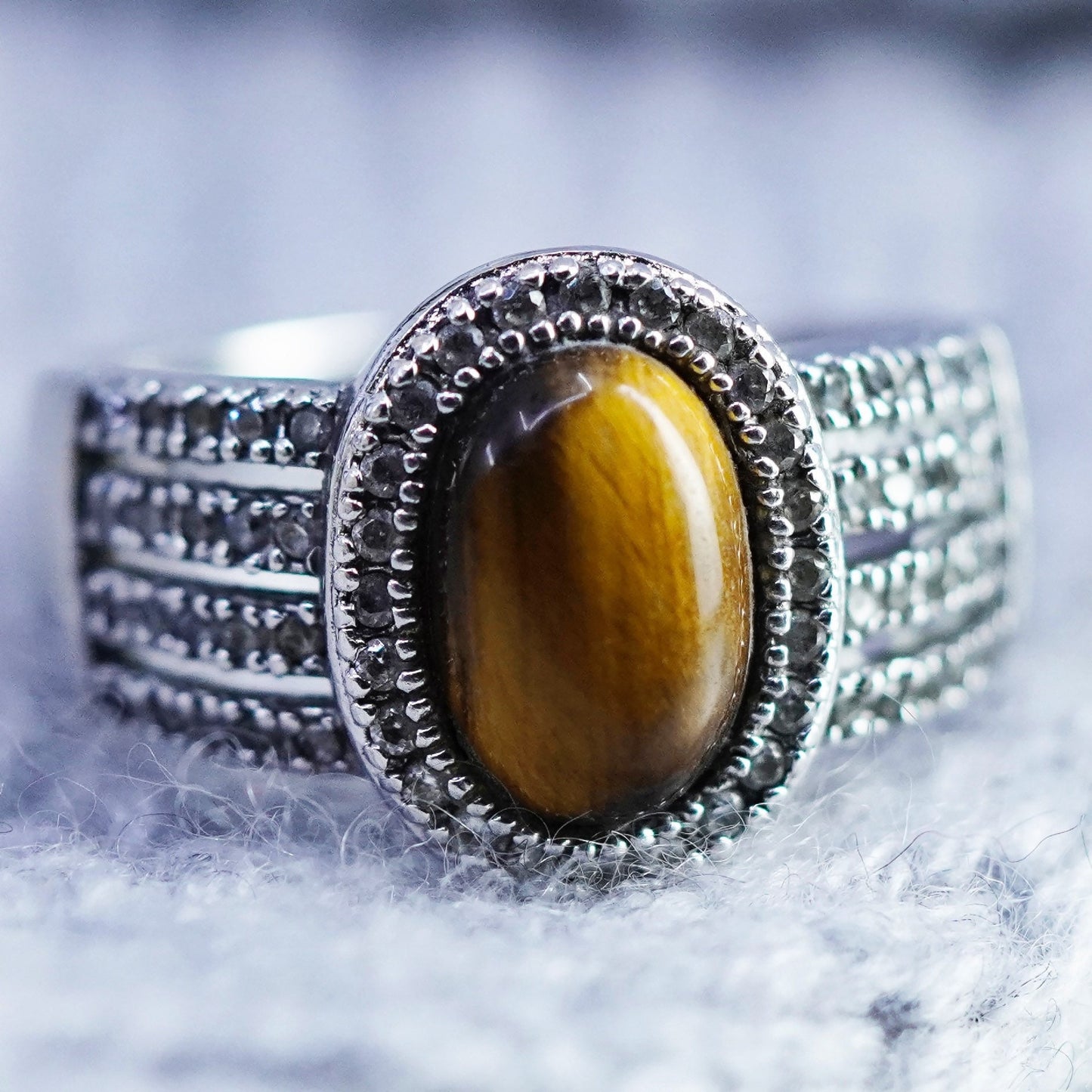 Size 11.25, vintage Sterling 925 silver handmade ring with golden tiger eye cz