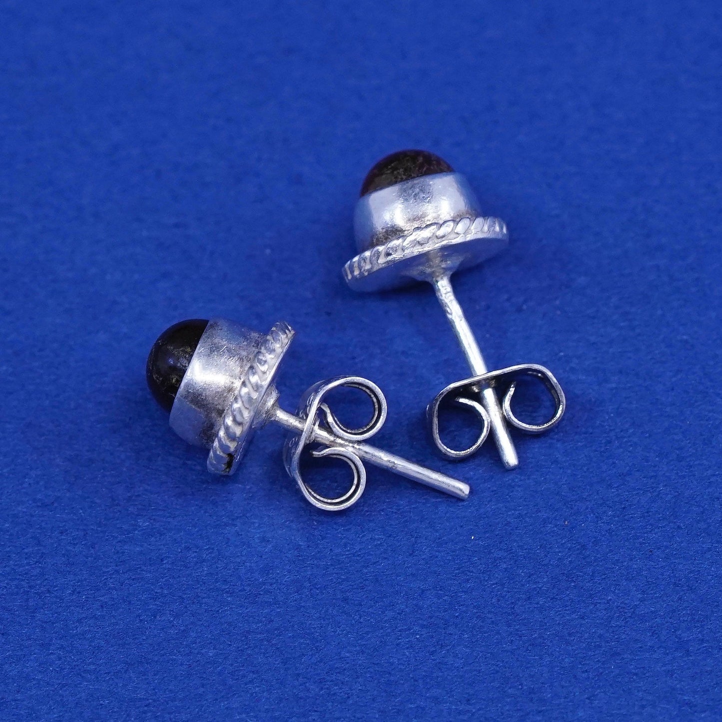 Vintage sterling silver handmade earrings, 925 studs with round amber
