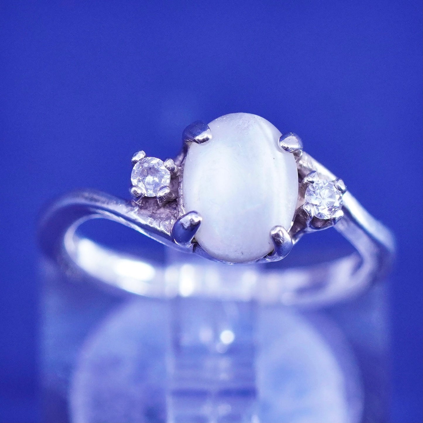 Size 4.75, vintage Sterling 925 silver handmade ring with moonstone and cz