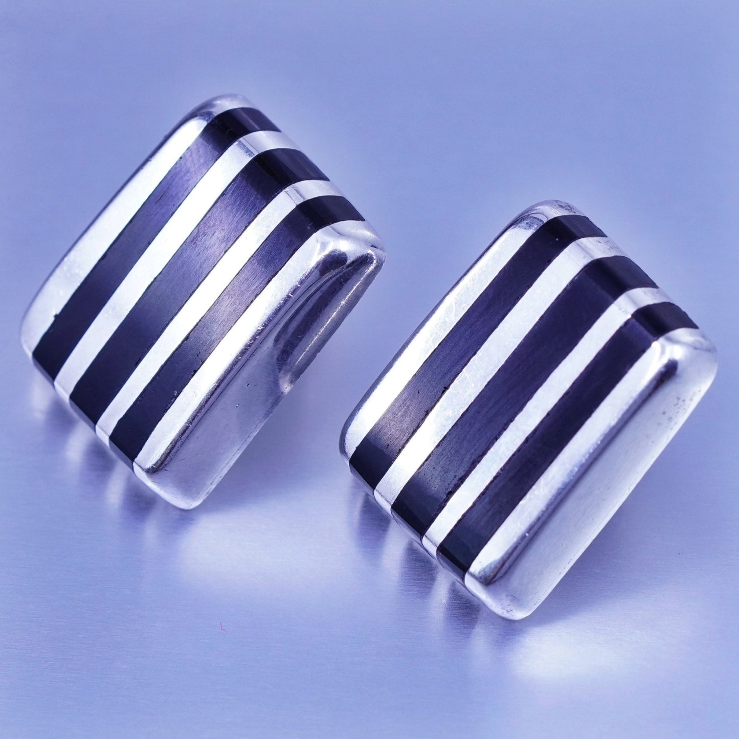 Vintage Sterling 925 silver handmade earrings, textured square studs with onyx