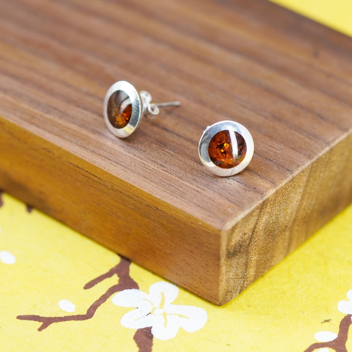 Vintage Sterling Silver Handmade earrings, round 925 studs with amber