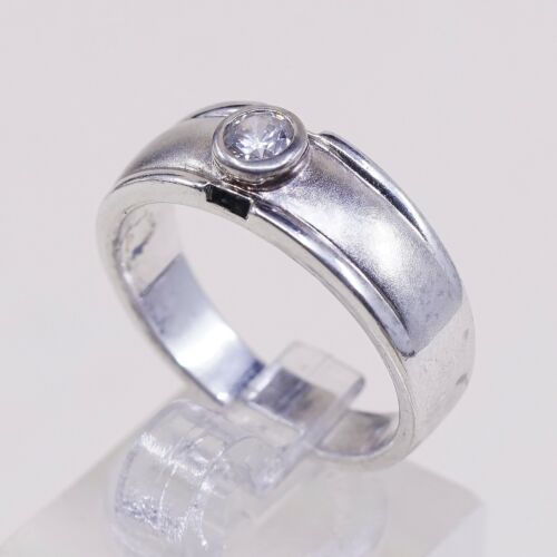 Sz 8, Vtg Sterling Silver Ring, Thailand 925 Modern Engagement Band Ring W/ CZ