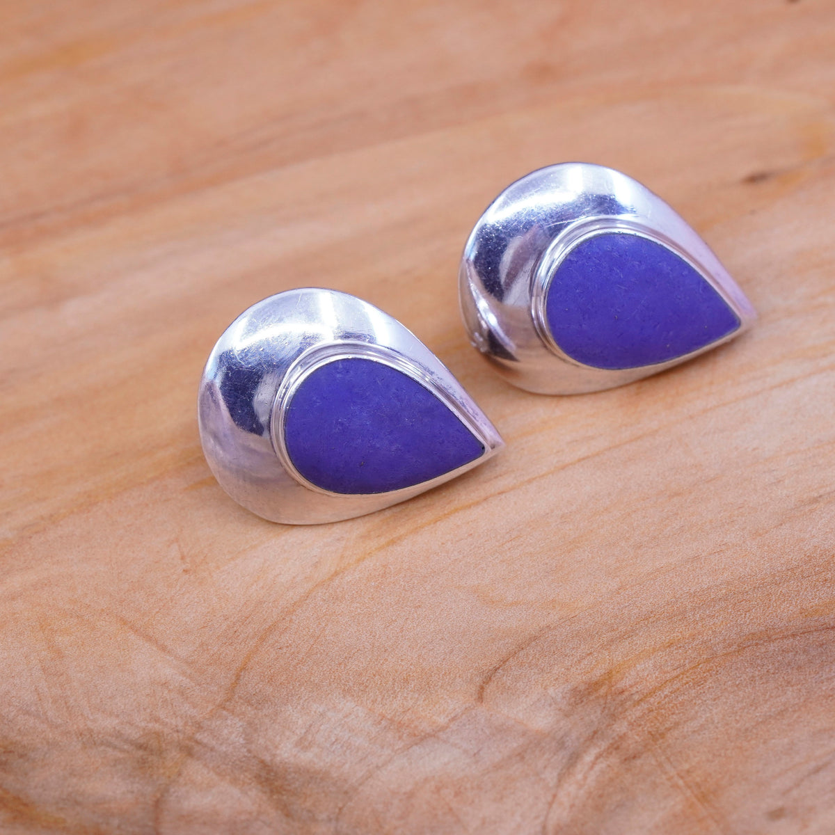 Sterling silver handmade earrings, Mexico 925 teardrop studs with lapis lazuli