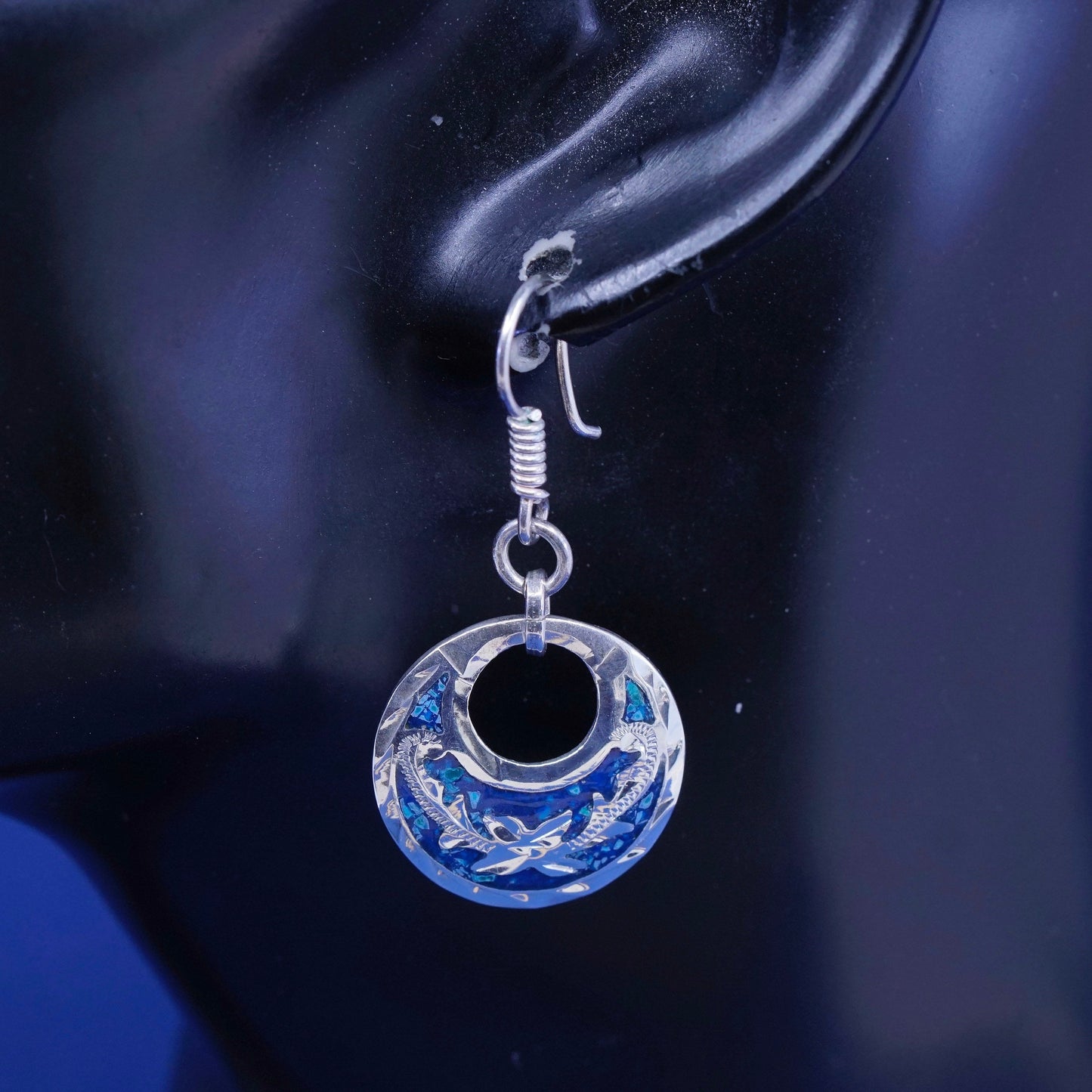 Vintage Mexico Sterling silver handmade earrings, 925 circle with turquoise