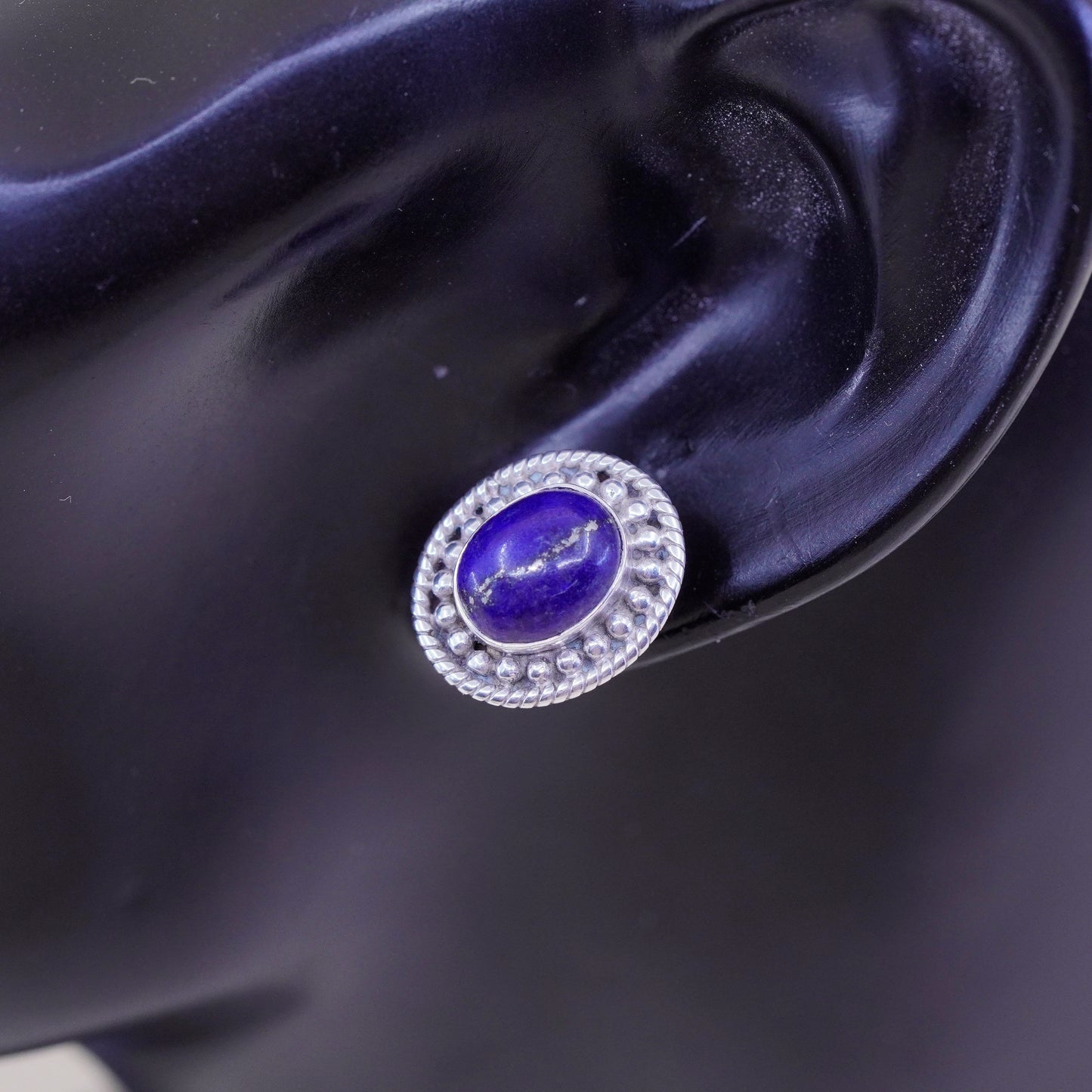 Vintage Sterling silver handmade earrings, 925 studs w/ lapis lazuli and beads