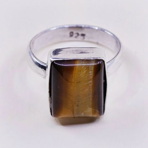 Sz 5.75, Vintage Handmade Sterling Silver Ring W/ Golden Tiger Eye, Stamped 925