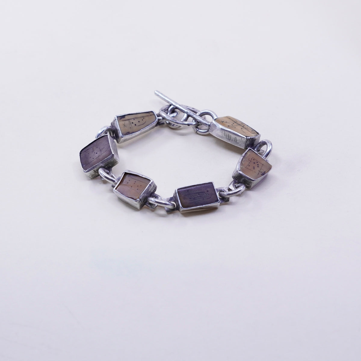 6.25”, handmade sterling 925 silver bracelet w/ dotted wood unique piece