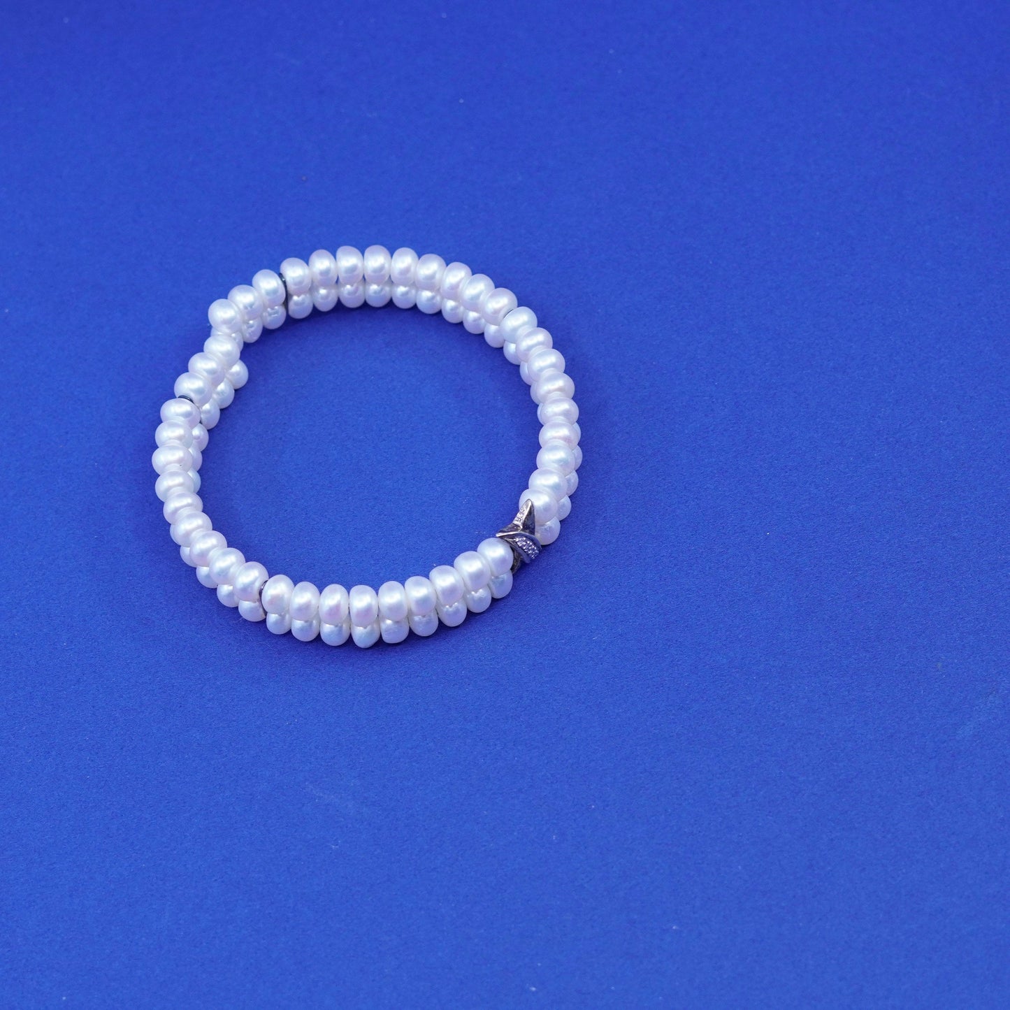 5.75”, vintage sterling silver handmade bracelet, 925 double pearl bangle