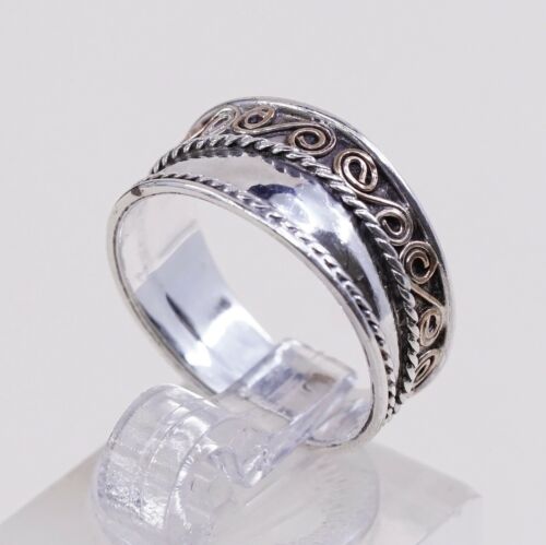 Size 5, Vtg Two Tone Sterling Silver Handmade Ring 925 Band W/ Swirl Texture