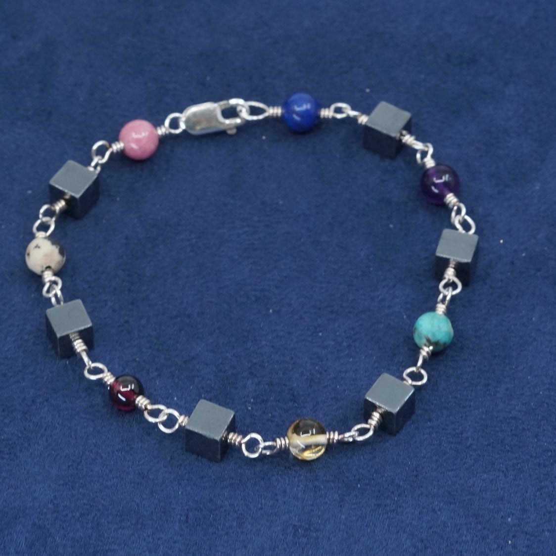7.5", Sterling silver handmade bracelet, 925 circle chain w/ jasper N hematite