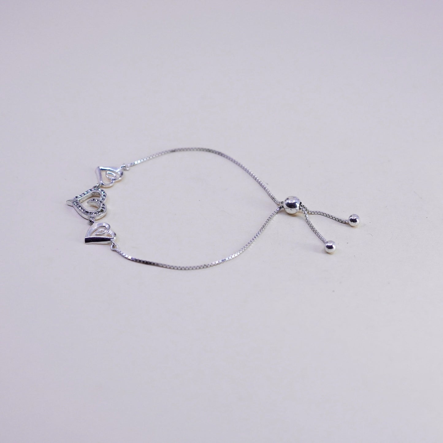 Size adjustable, sterling silver bracelet, fine 925 box chain heart and cz