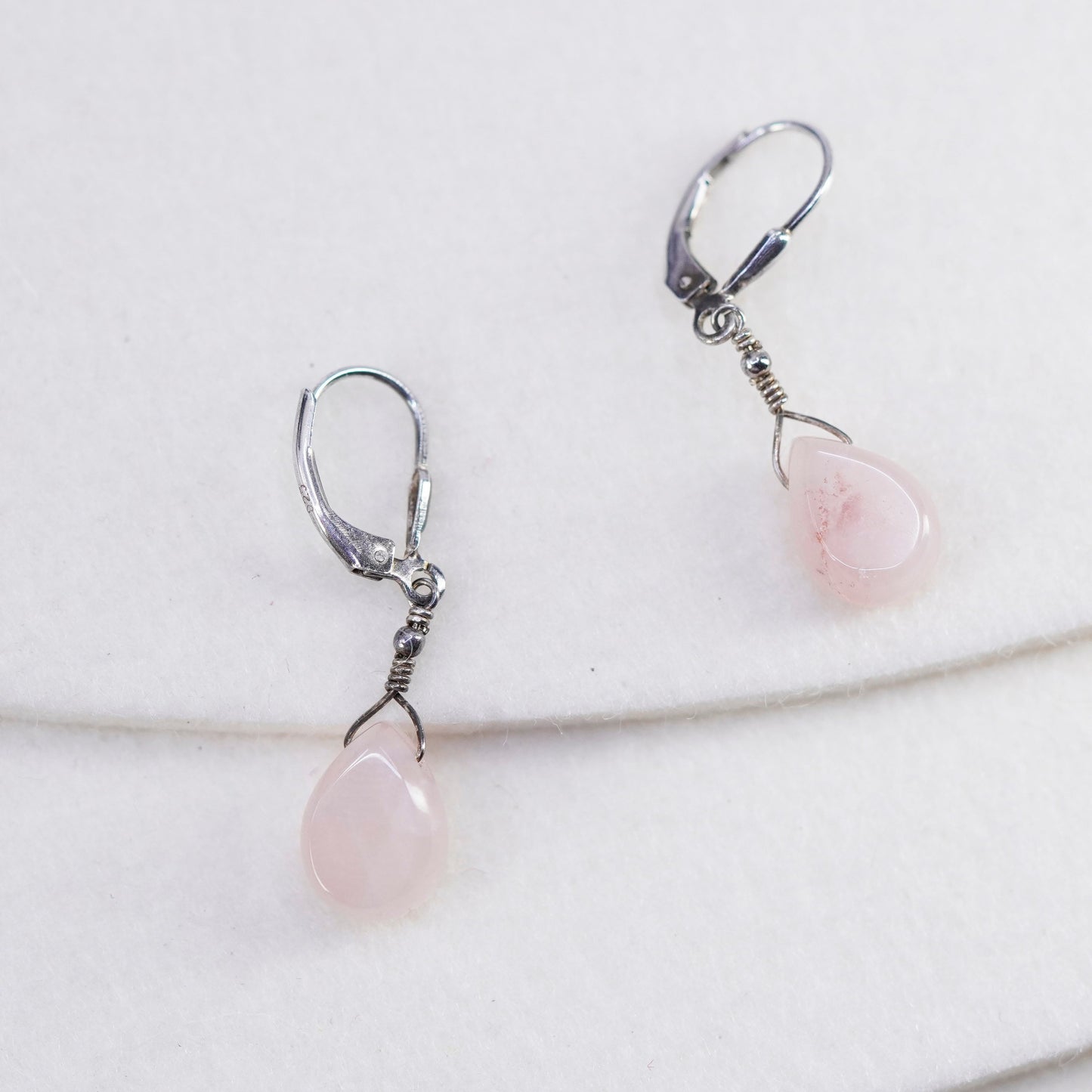 Vintage Sterling 925 silver handmade earrings with teardrop pink rose quartz