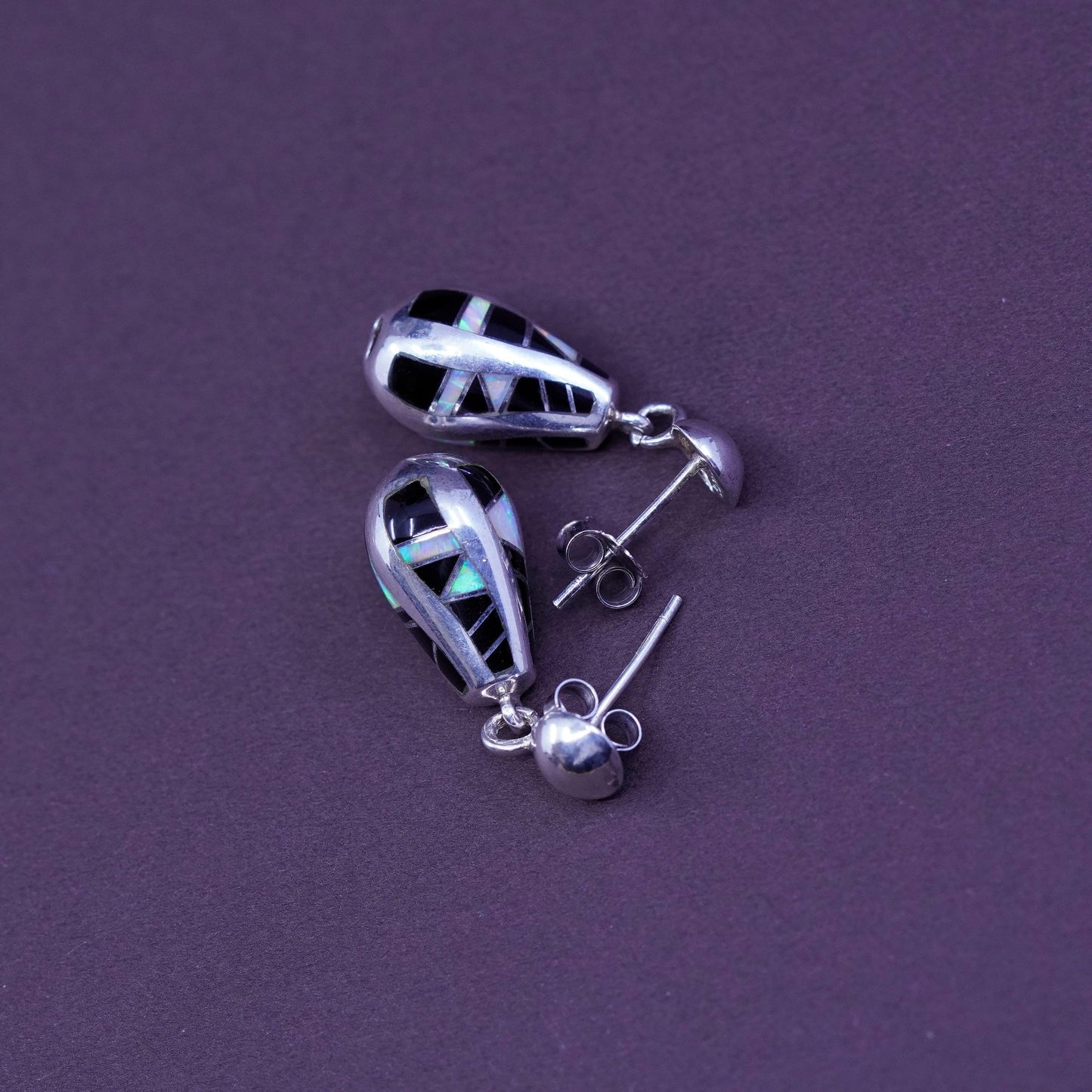 Native American sterling silver earrings, zuni 925 teardrop w/ obsidian opal