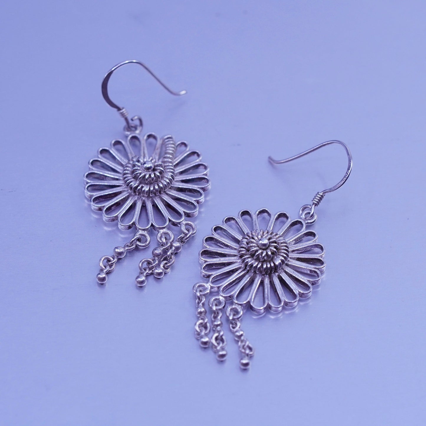 Vintage Sterling 925 silver handmade filigree flower earrings, stamped 925