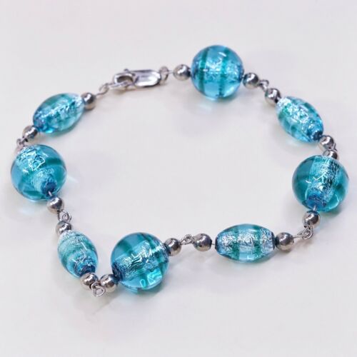 7.25”, Vtg Handmade Bracelet W/ Blue Foiled Glass N Sterling 925 Silver Clasp