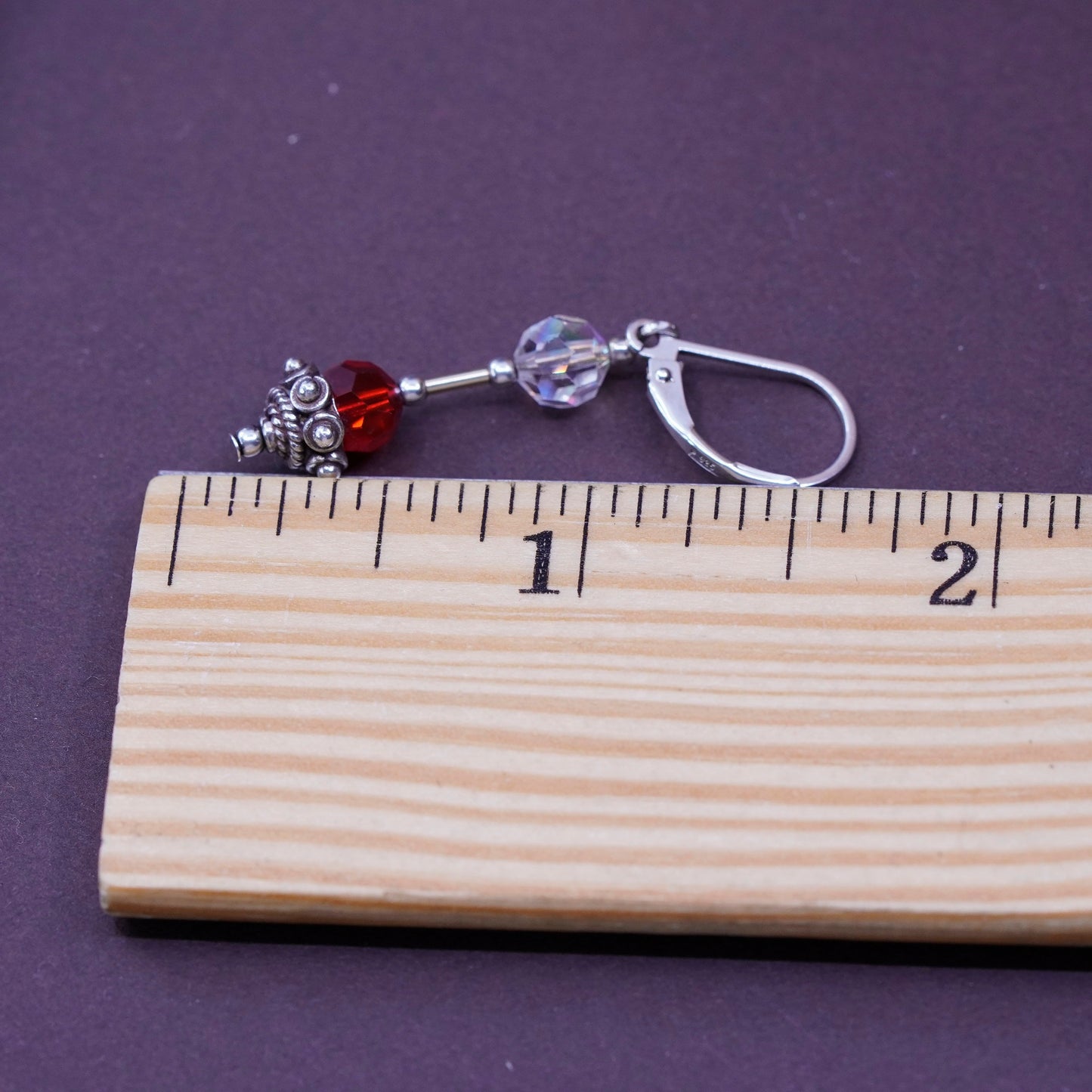 Vintage Sterling 925 silver handmade earrings with clear red Swarovski crystal