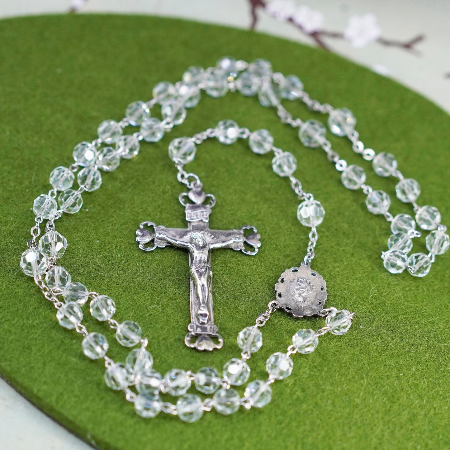 28”, Chapel sterling 925 silver rosary necklace w/ cross pendant crystal beads