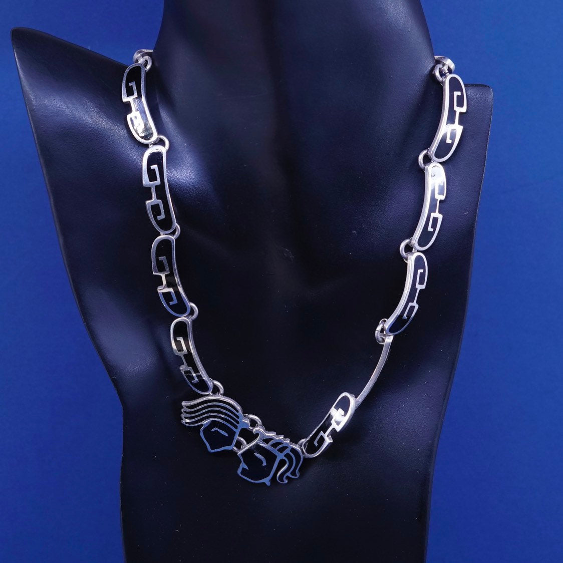 18”, Southwestern sterling 925 silver handmade necklace, man woman face w/ onyx