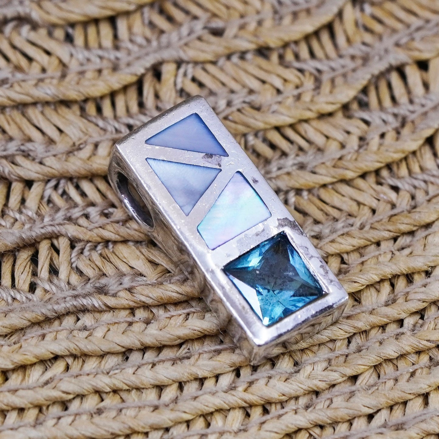 Vintage Sterling 925 silver handmade pendant mother of pearl and blue topaz