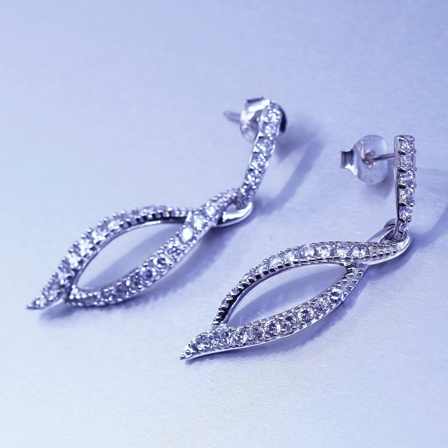 Vintage Sterling 925 silver earrings, studs with Marquise dangle and cluster Cz