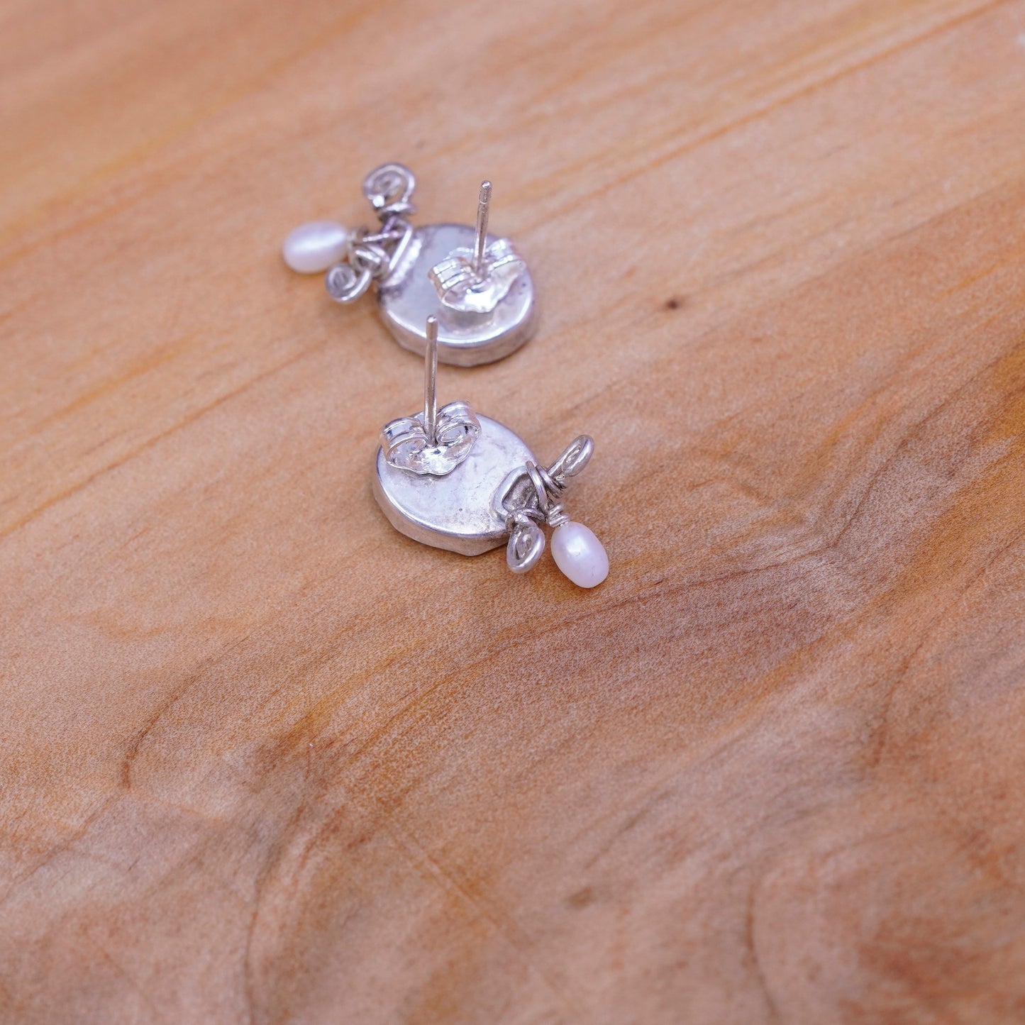 Vintage Sterling 925 silver handmade earrings with oval obsidian N pearl beads