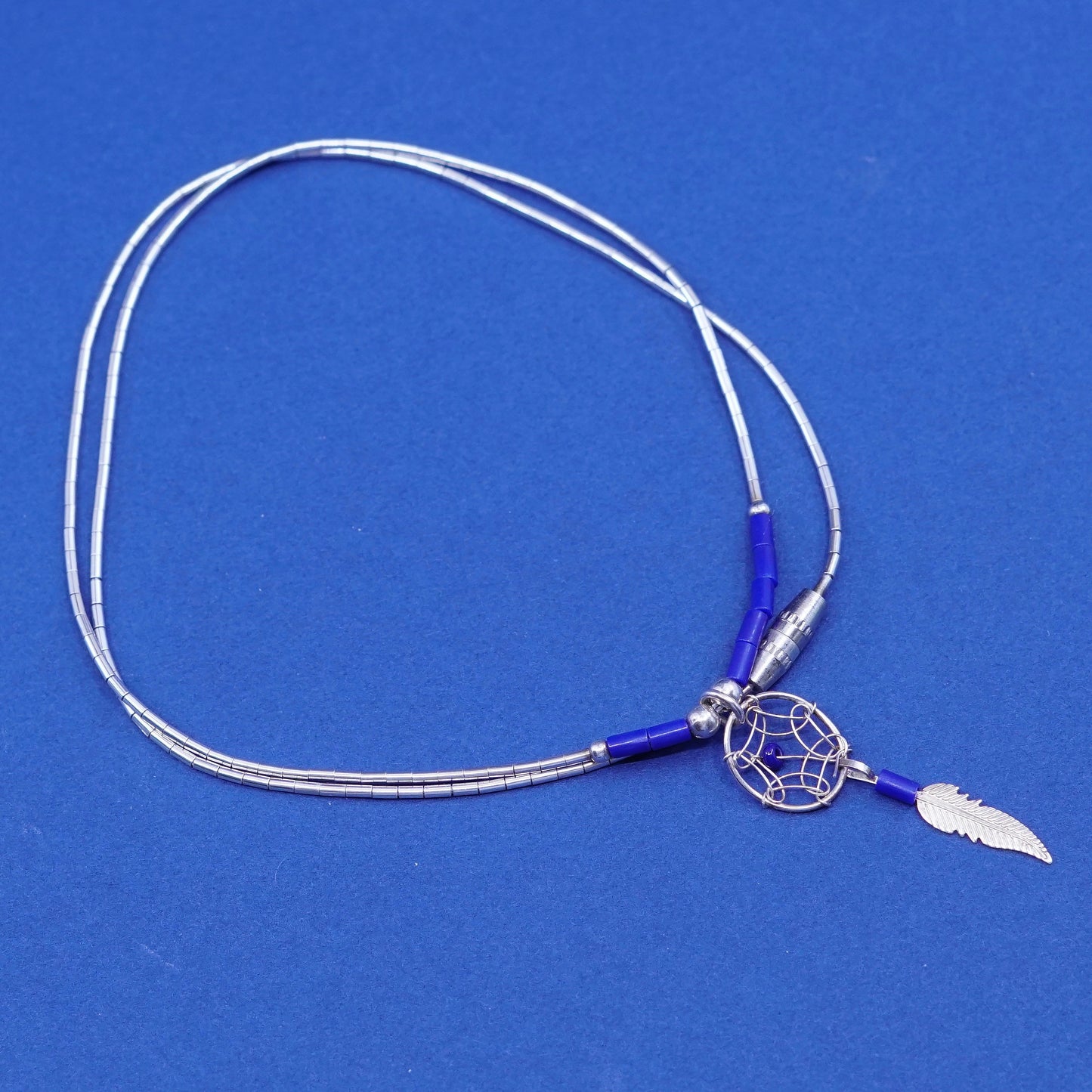 16”, Native Navajo Sterling 925 liquid silver chain lapis bead feather pendant