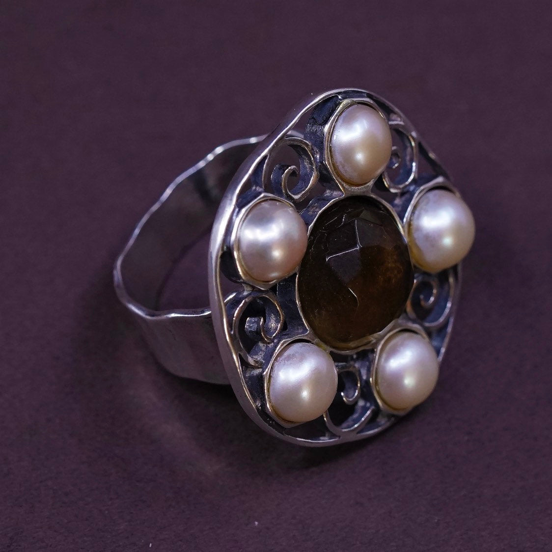 sz 9, JL Israel Sterling silver handmade ring, 925 flower w/ pear N smoky topaz