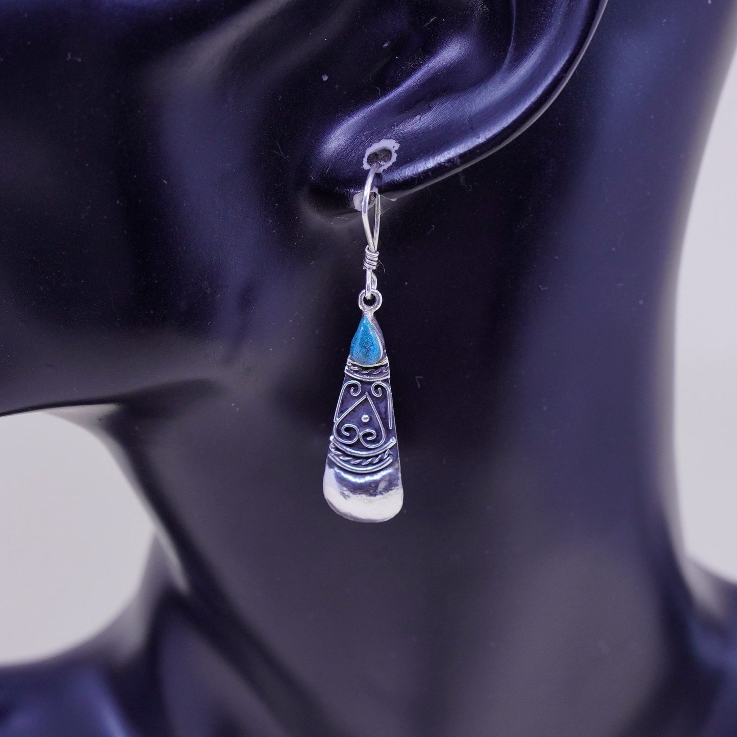 Vintage Sterling silver earrings, 925 teardrop dangle with malachite