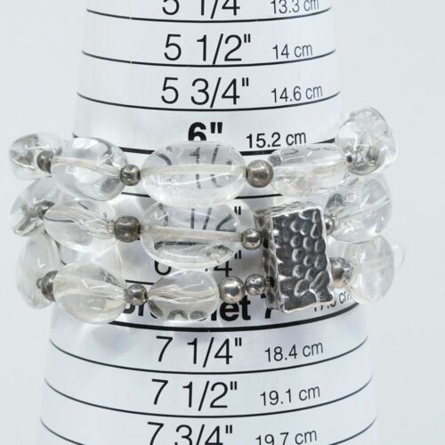6.5”, Vtg Sterling 925 Silver Handmade Bead Bracelet W/ Crystal N Elastic Band
