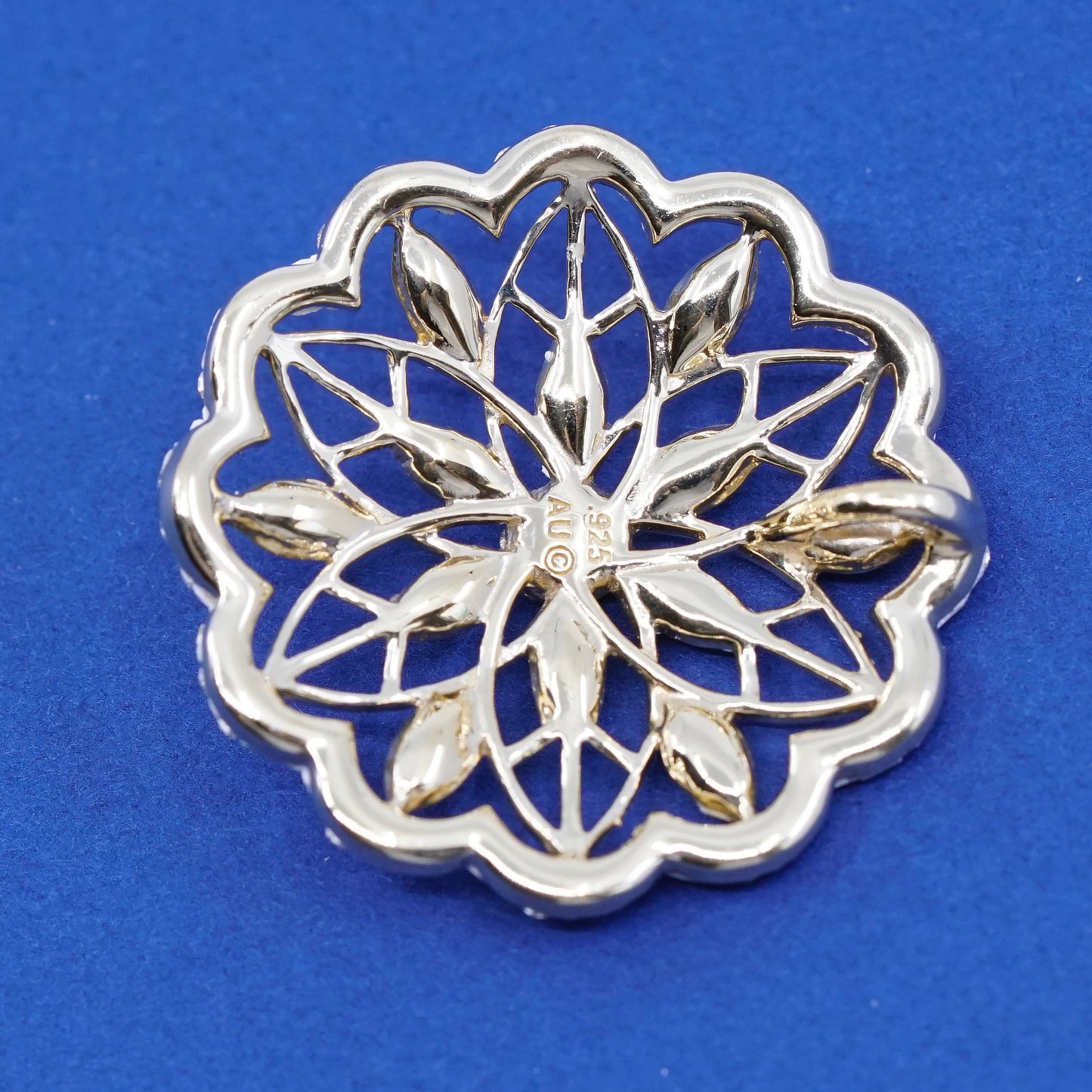 vermeil gold over Sterling silver 925 snowflake flower pendant w/ cluster Cz
