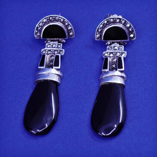 Vintage sterling 925 silver handmade earrings with teardrop obsidian marcasite