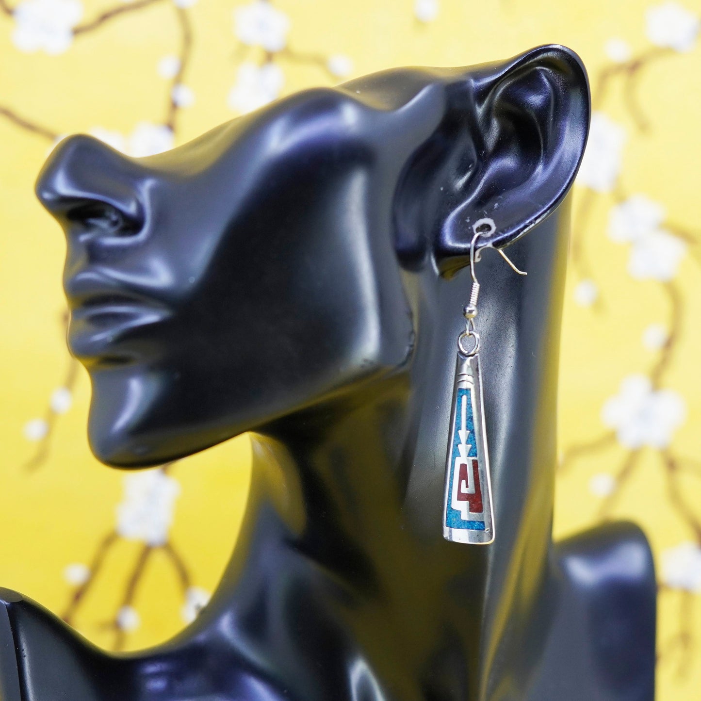 Native American Navajo 925 Sterling silver long earrings turquoise and coral