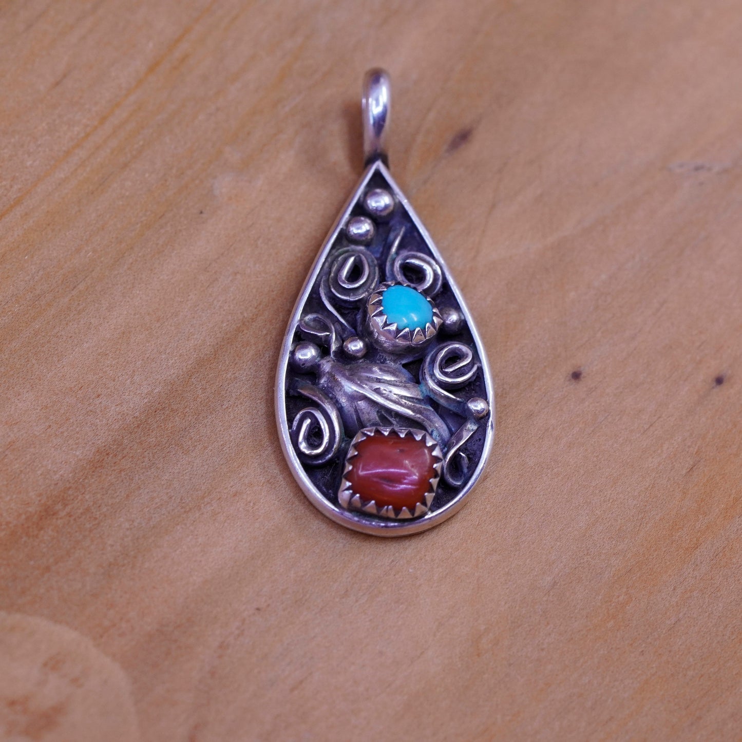 Native American Jeff Largo Sterling 925 silver teardrop pendant turquoise coral