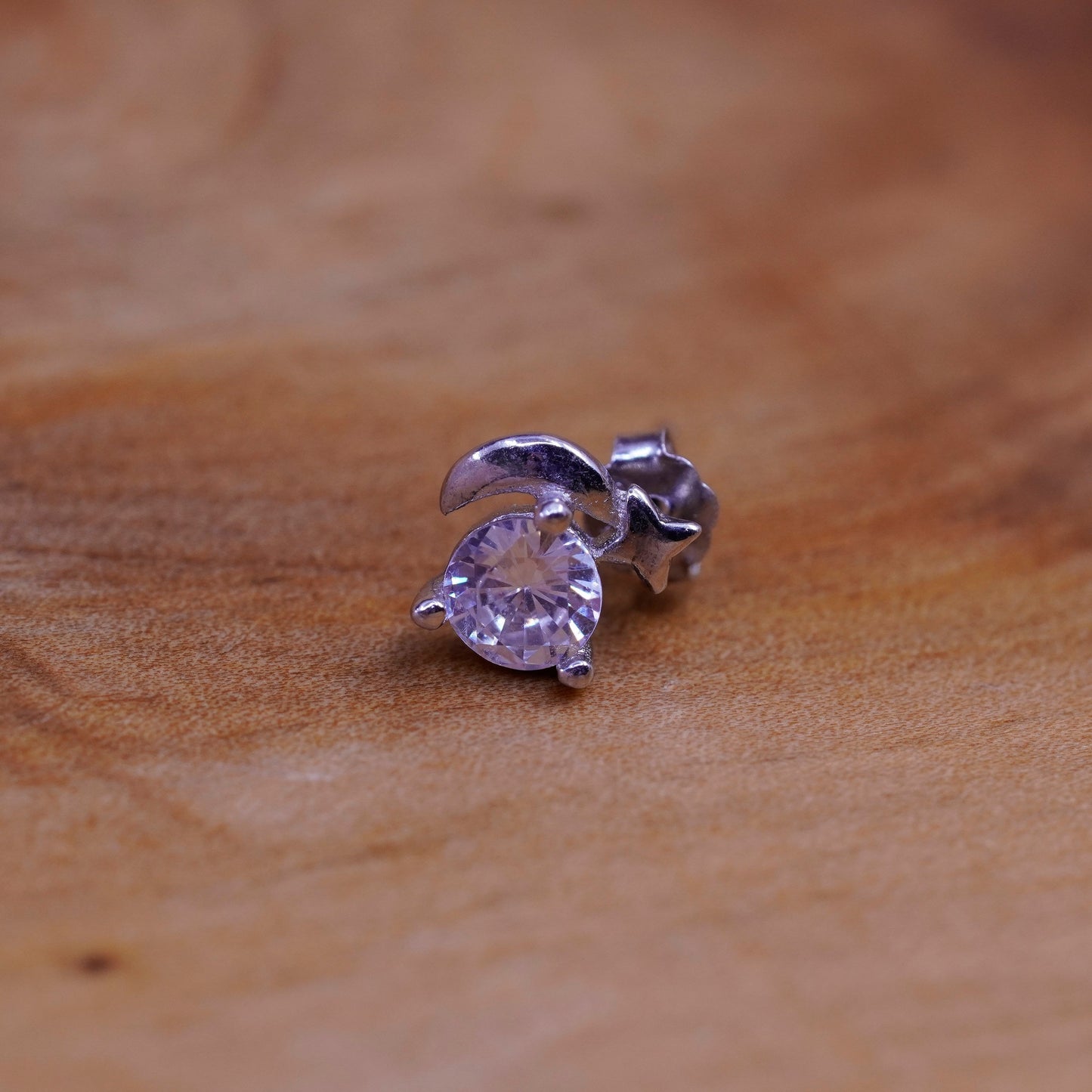 Vintage Sterling silver round crystal studs, cz moon star earrings