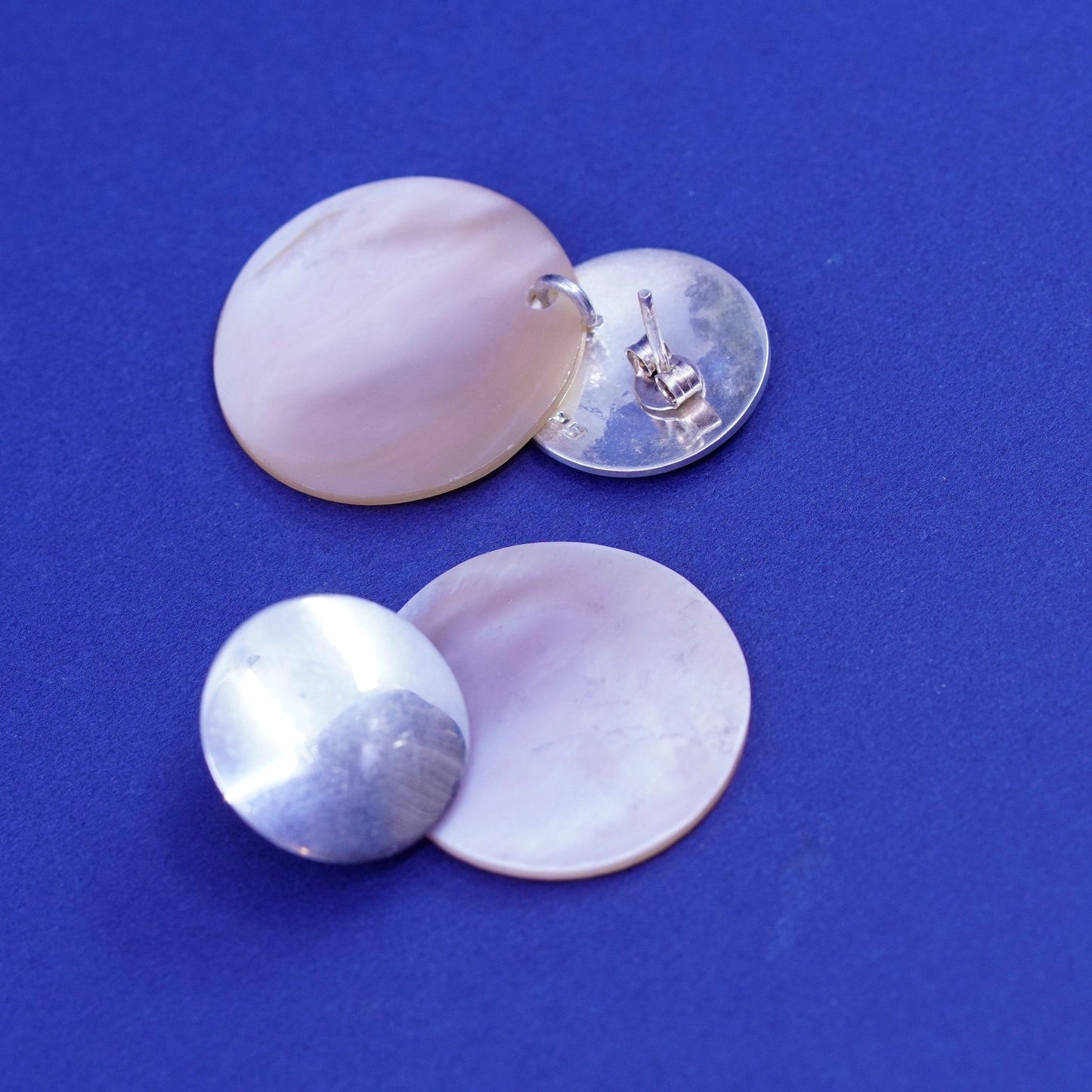 sterling silver handmade earrings, 925 round studs with mother of pearl discs