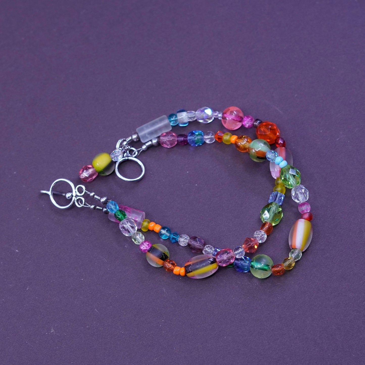 7.5”, handmade bracelet, colorful glass chain with sterling 925 silver clasp