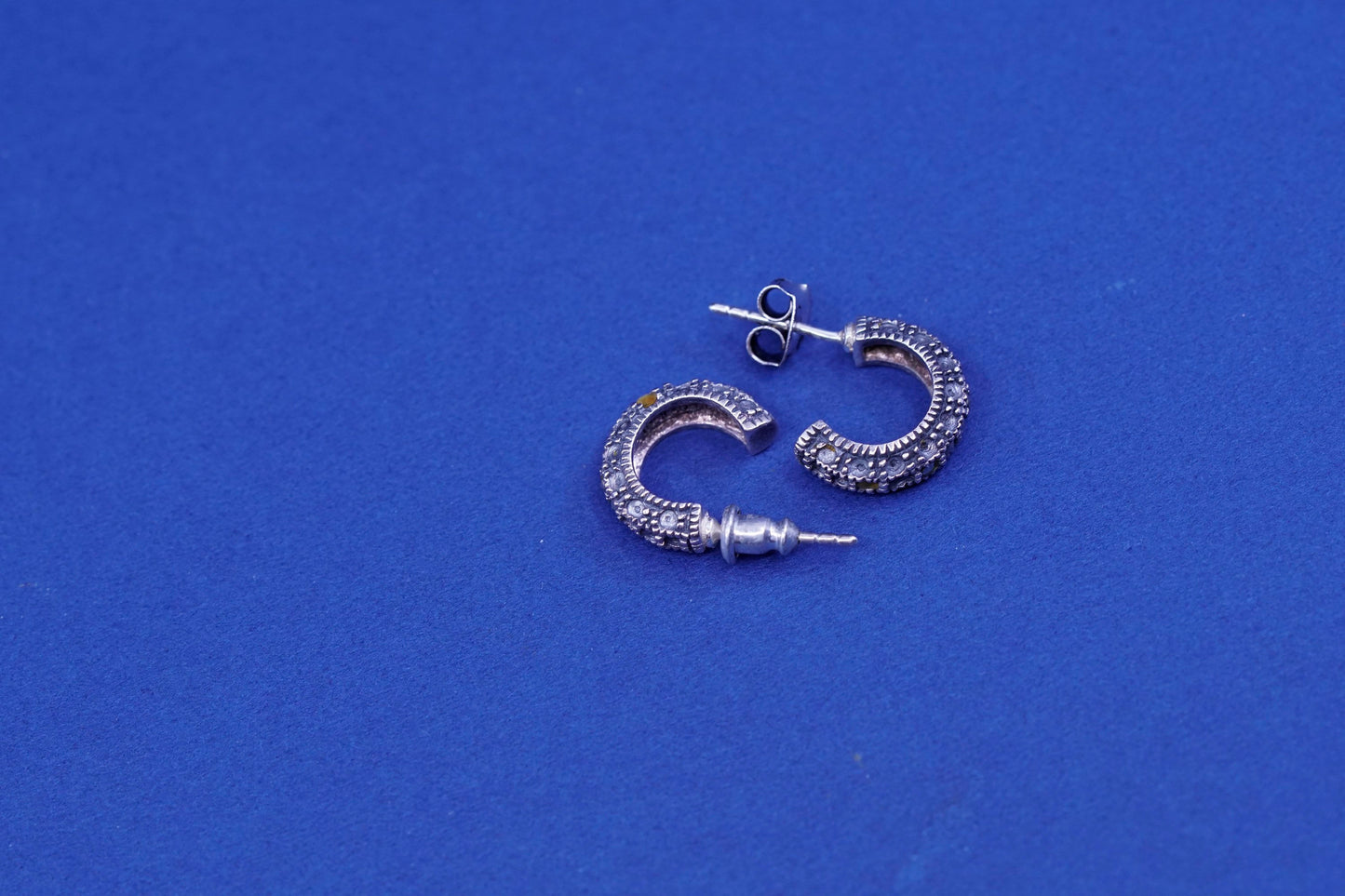 0.5”, Sterling silver handmade earrings, 925 hoops w/ marcasite details, huggie