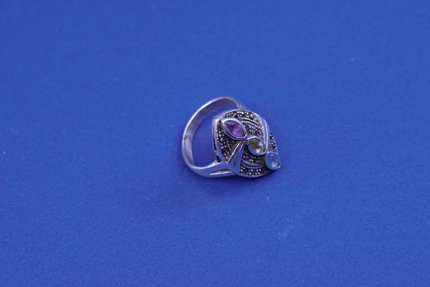 Size 7, THL Sterling 925 silver ring with amethyst topaz citrine marcasite