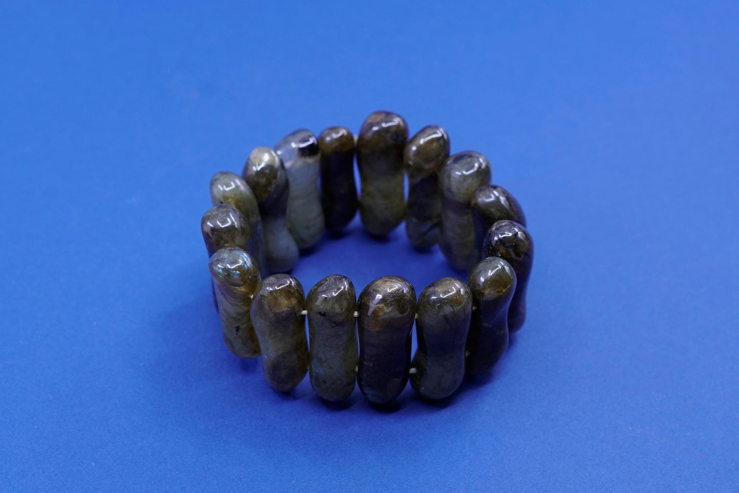 6”, Vintage handmade bracelet, elastic long labradorite beads wide bangle