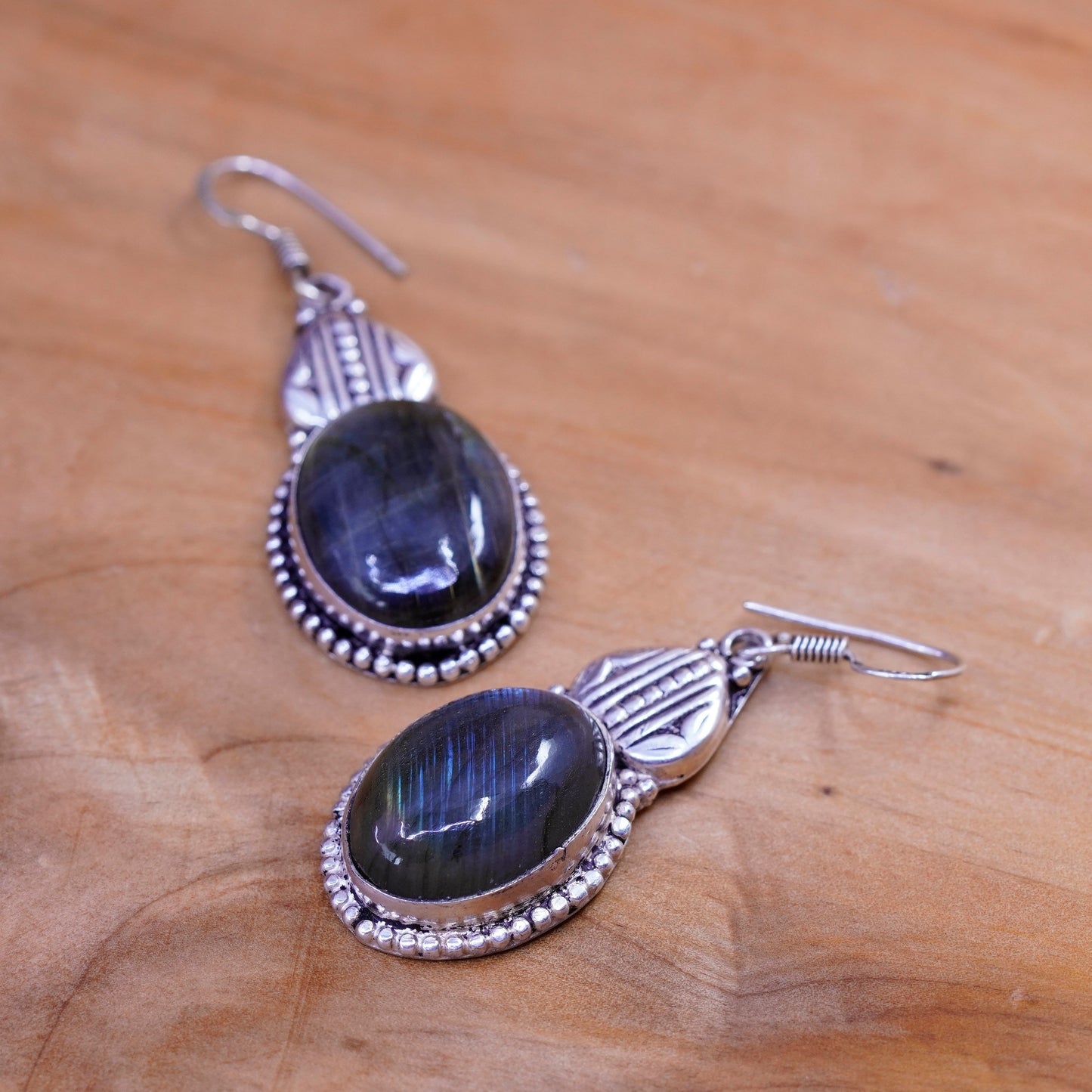 Vintage Sterling 925 silver handmade earrings with oval labradorite and beads