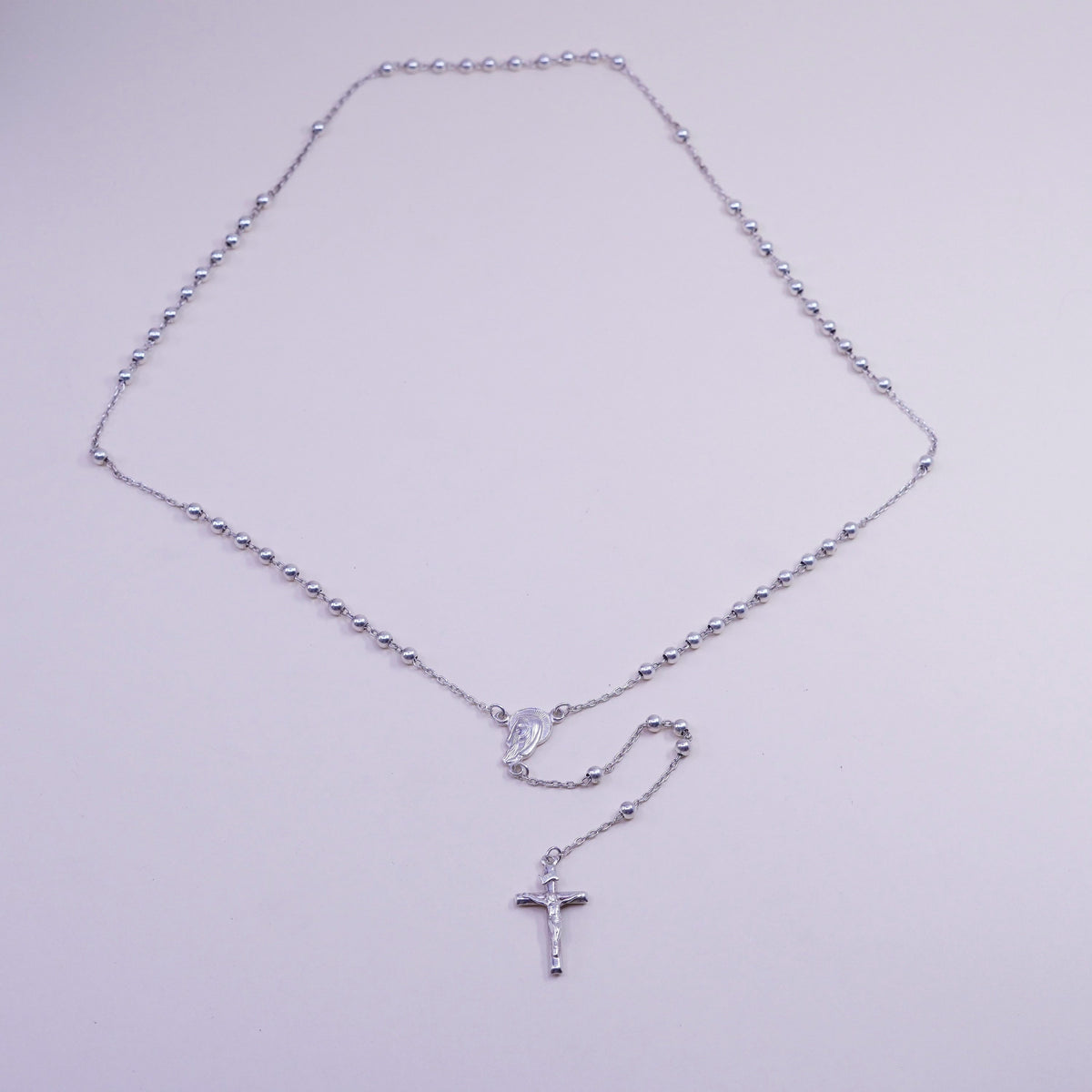 24”, Vintage Israel sterling silver rosary necklace circle chain cross pendant