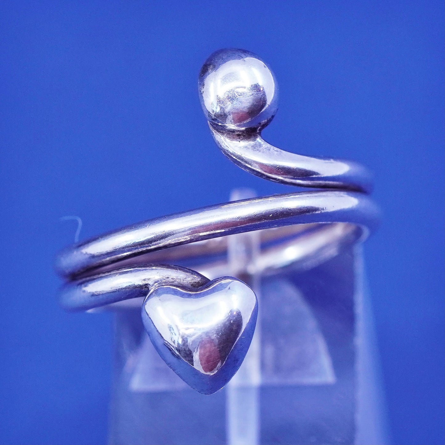 Size 9.25, vtg Sterling silver handmade wrap ring, 950 statement ring w/ heart