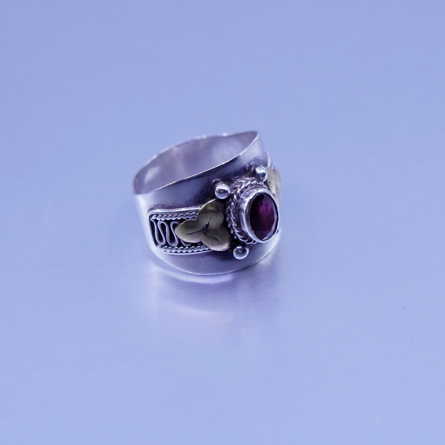 Size 6.25, vintage Sterling 925 silver handmade wide ring with ruby and cable