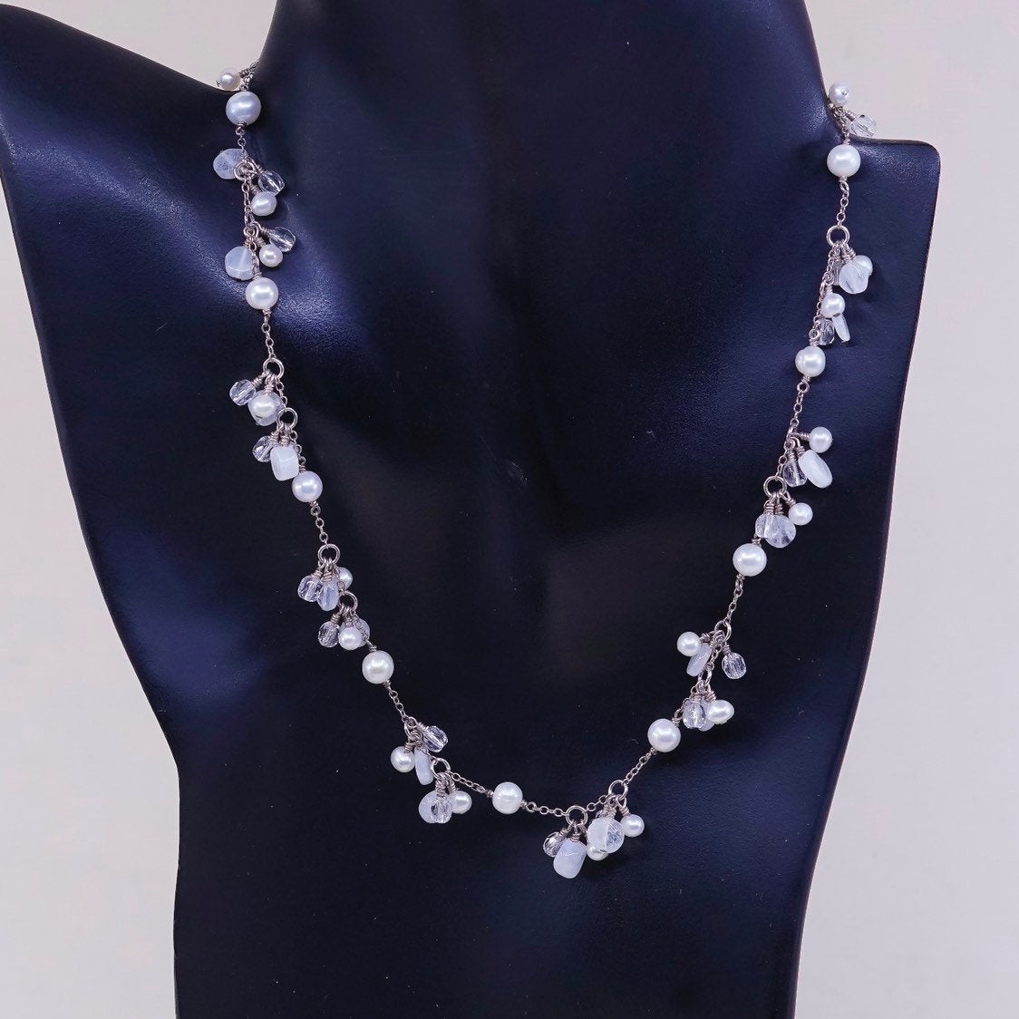 16", vtg handmade Sterling silver Circle necklace w/ pearl moonstone beads