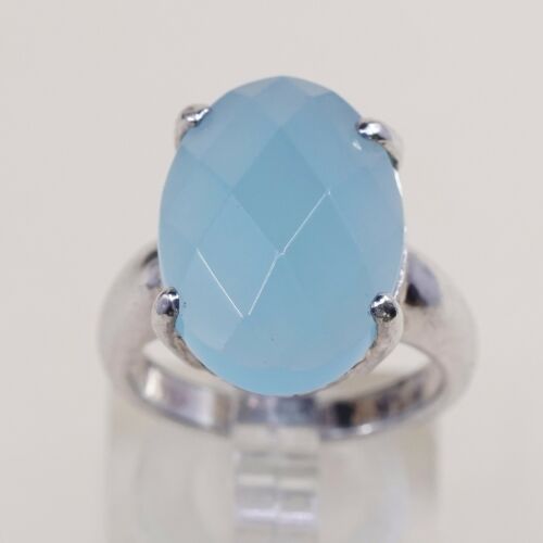 Sz 6.75, Vtg Sterling Silver Handmade Ring, 925 W/ Checker Cut Green chrysoprase